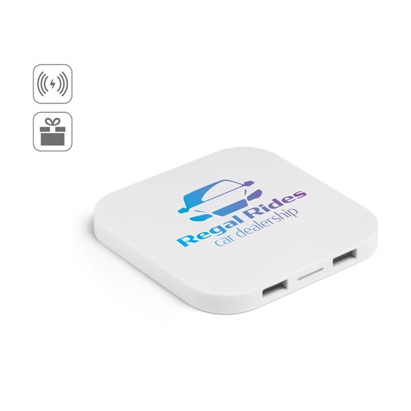 CAROLINE. Superbrzi bežični punjač od 15 W s HUB 2 USB-A priključka od recikliranog ABS-a (60% rABS) - Bijela