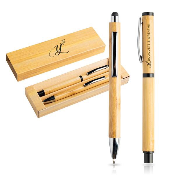 Conjunto De Esferográfica E Roller Em Bambu, Estojo De Oferta