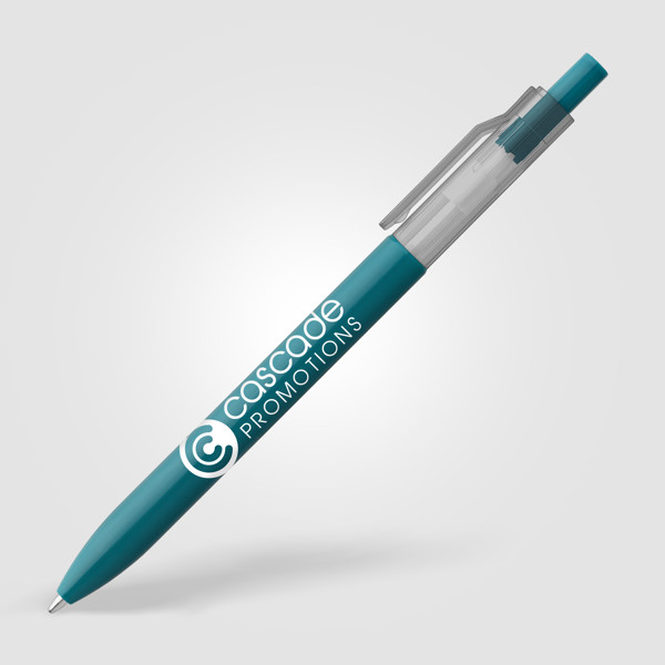 Stylo Nimbus à clip translucide rPET - Sarcelle / Sérigraphie