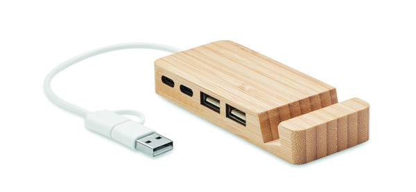 Bambusov USB zvezdišče s stojalom, 4 vrata, Type-C/Type-A