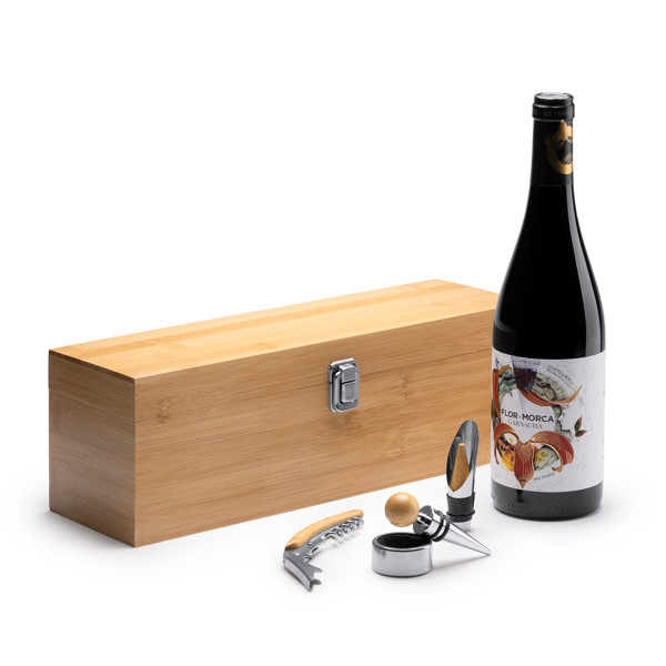 Personalised bamboo wine gift set with sommelier accessories