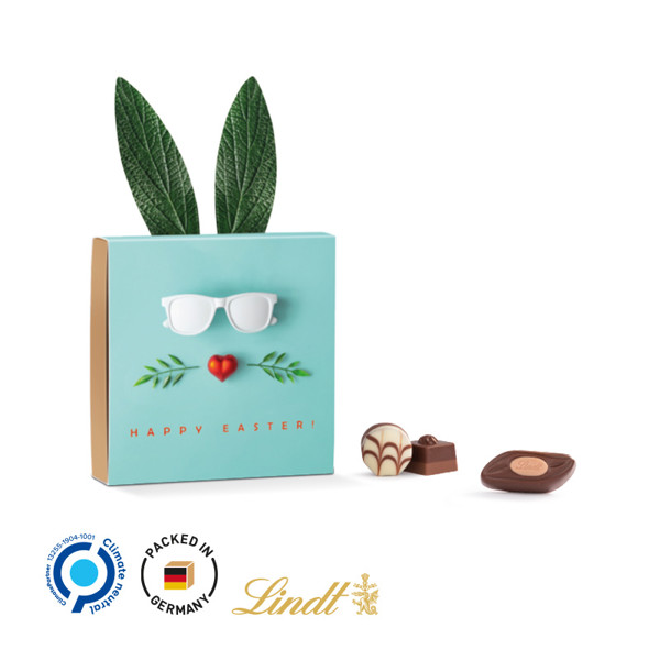 Lindt present, white cardboard "bunny ears" promotional case, Lindt Mini Pralinés | Promotional case bunny ears: white cardboard, Inlay: plastic