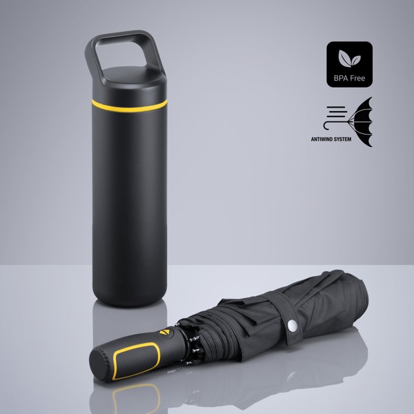 Outdoor Set: Steel Water Bottle 650 ml & Automatic Umbrella - Yellow