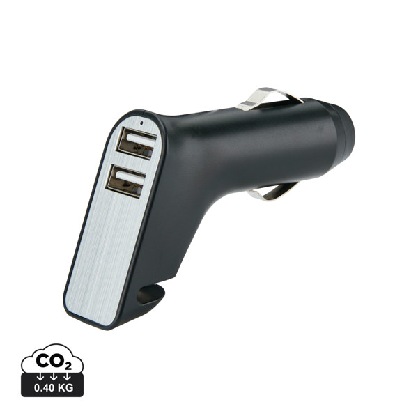 Dual port car charger with belt cutter and hammer - Black / Silver