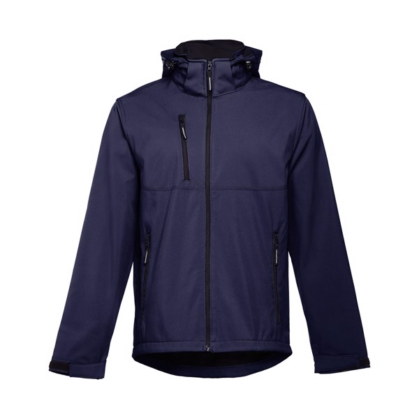 THC ZAGREB. Men's softshell jacket with detachable hood and rounded back hem - Navy Blue / M