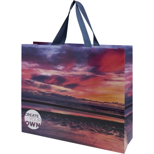 Smartfold 210 g/m² paper bag with ribbon handles and gloss lamination -  42 x 12 x 35 cm - Blue
