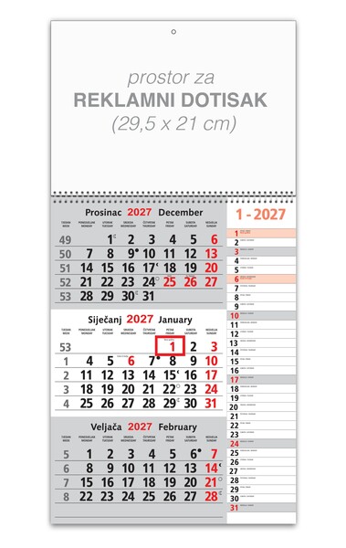 Poslovni kalendar – Trodjelni sivi memo