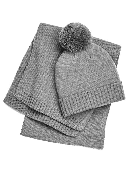 Knitted Scarf and Beanie Gift Set - Light Grey Fleck