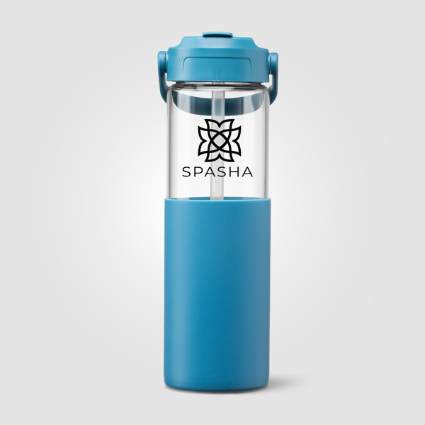 Juno Glass Silicone Sleeve Straw Bottle - 590 ml - Steel Blue / Silkscreen
