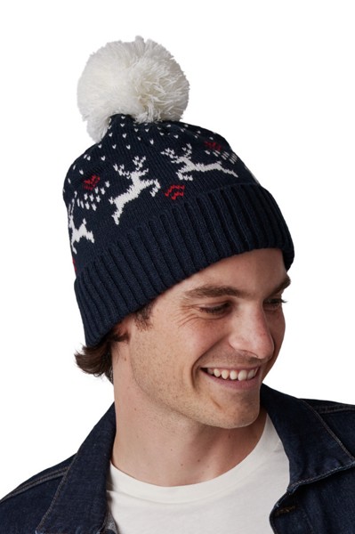 Winter Beanie With Reindeer Design - Cherry Red / Natural