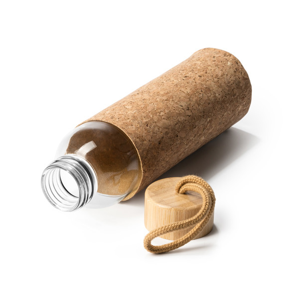 Personalised glass bottle 500 ml with cork sleeve and bamboo lid