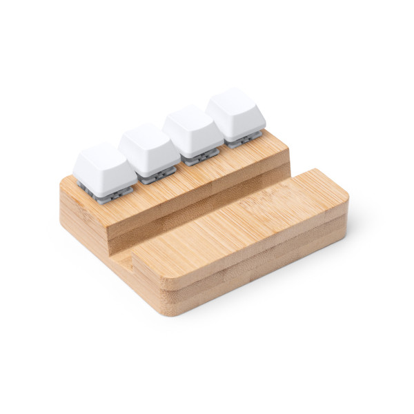 Personalised bamboo smartphone stand with anti-stress buttons