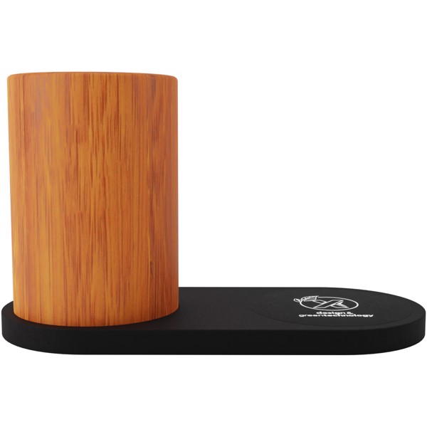 Station de charge sans fil et porte-crayon en bambou SCX.design W17 10 W avec logo lumineux
