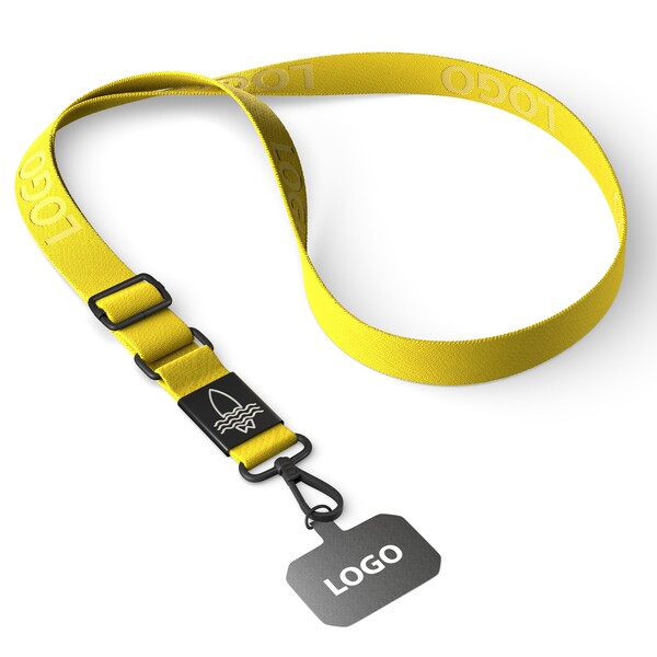 Portateléfono cruzado de cinta tejida y con placa metálica grabada con tu logotipo. A partir de 100 unidades - Amarillo brillante