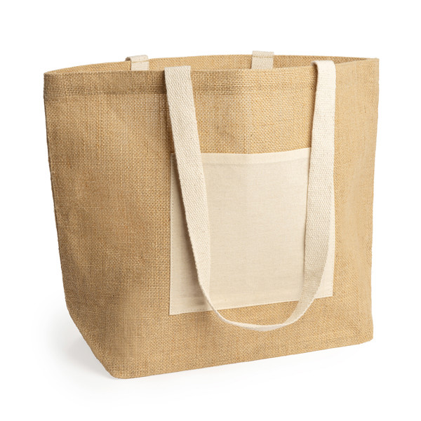 Personalised laminated jute bag with front pocket and cotton handles