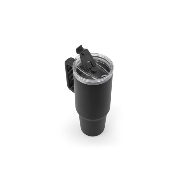 JOYNER XL. Veľký nerezový cestovný pohár (91% recyklovaný) s vákuovo izolovanou dvojitou stenou a matným povrchom 1300 mL - Čierna