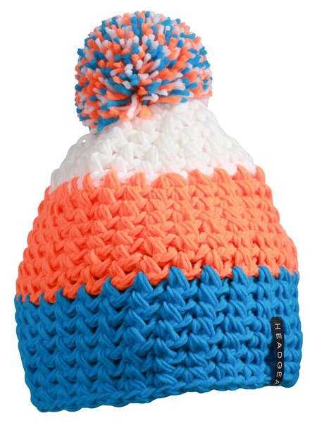 Crocheted Cap with Pompon - Pacific / Neon Orange / White