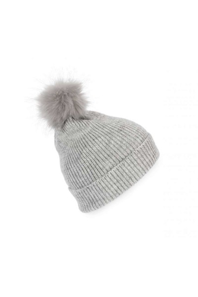 Knitted Bobble Beanie In Recycled Yarn - Light Grey Heather