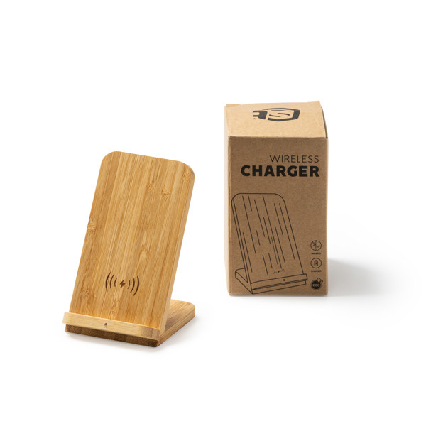 Cargador inalámbrico personalizado de bambú 5W con soporte para smartphone