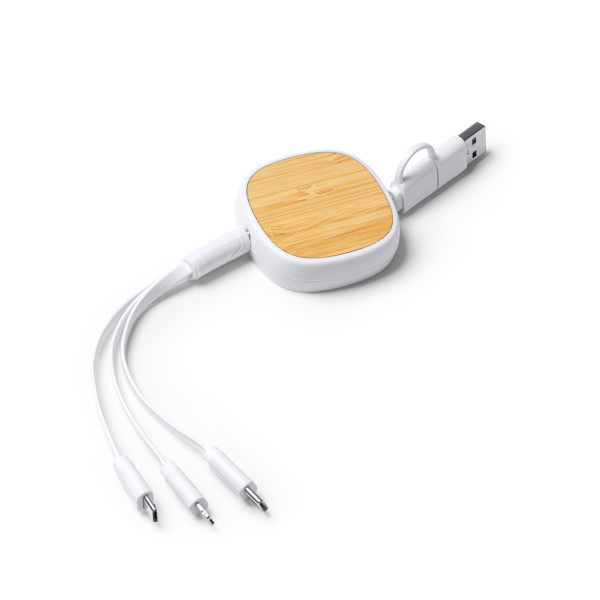 Personalised 5-in-1 extendable charging cable in recycled ABS and bamboo 96 cm