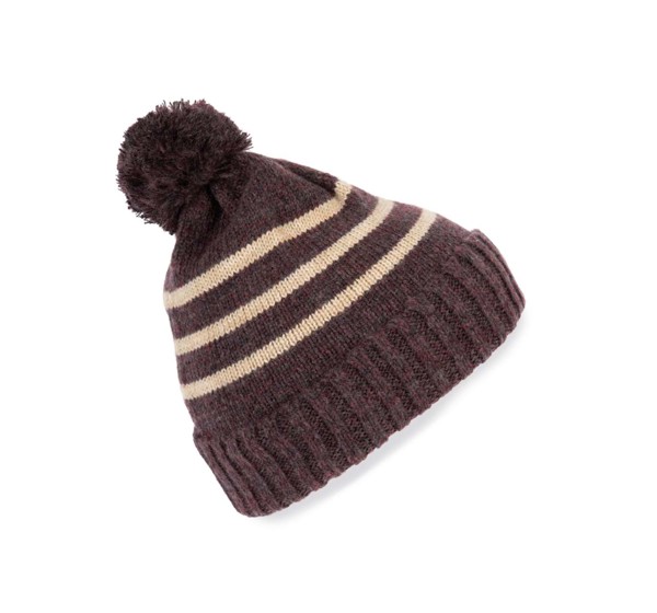 Knitted Striped Beanie In Recycled Yarn - Light Sand Heather / Light Grey Heather