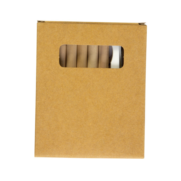 Set Bestehend Aus 6 Farbigen Holzstiften, Plastikspitzer Und Album, In Box