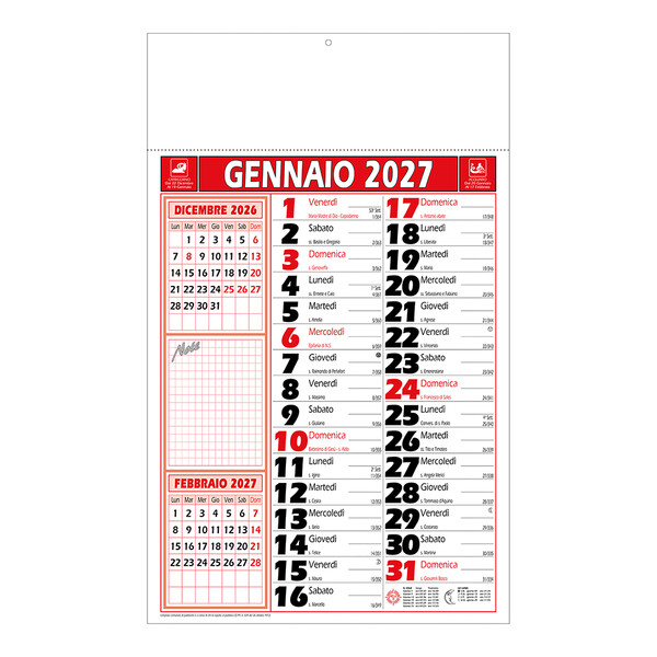 Calendario 2027 Da Muro Mensile Bicolore, 12 Fogli, Su Carta Patinata, Termosaldato - Rosso