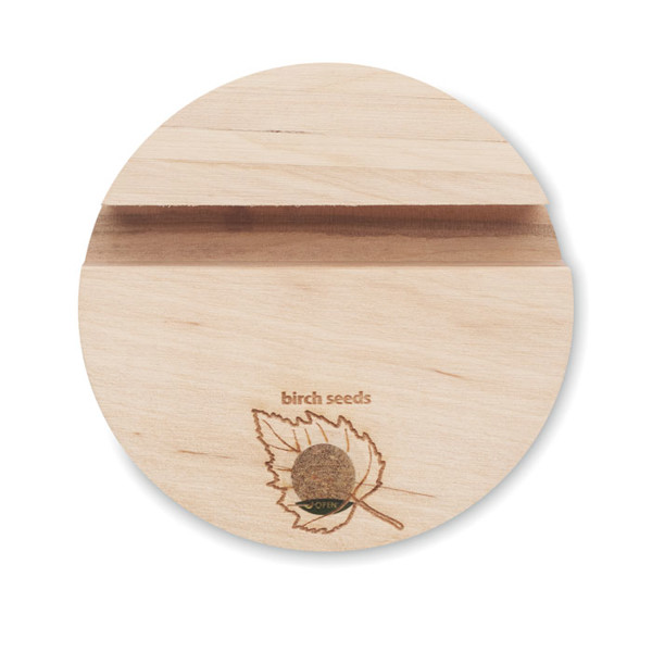 Grow Round phone stand, birch wood, 90x90 mm