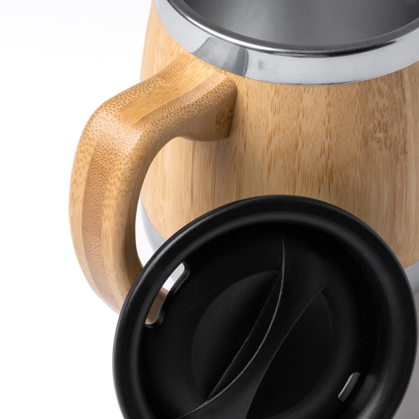 Personalised thermal mug in stainless steel and bamboo 450 ml with anti-leak dosing lid
