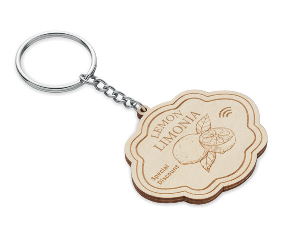 Porta-chaves de madeira com forma personalizada - 50mm / M2 - Argola / Envolto em papel tissue