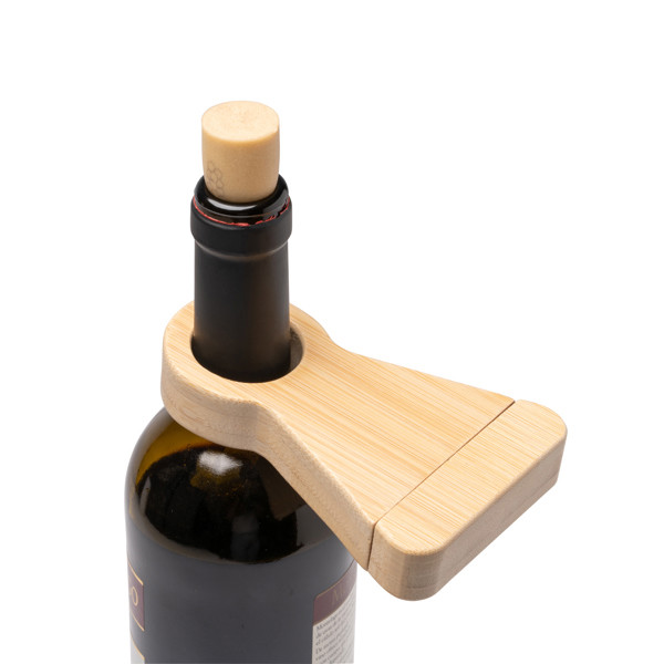 Personalised bamboo corkscrew with bottle holder