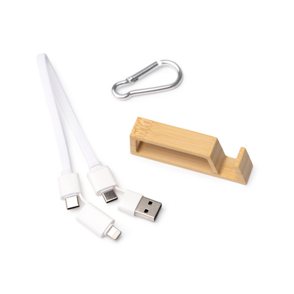 4-in-1 personalised charging cable with bamboo smartphone stand and carabiner