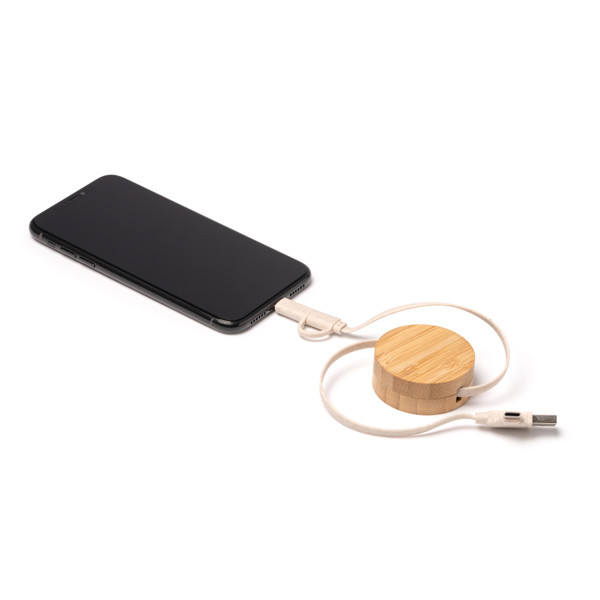 Personalised bamboo and wheat fibre charging cable with USB and type C input