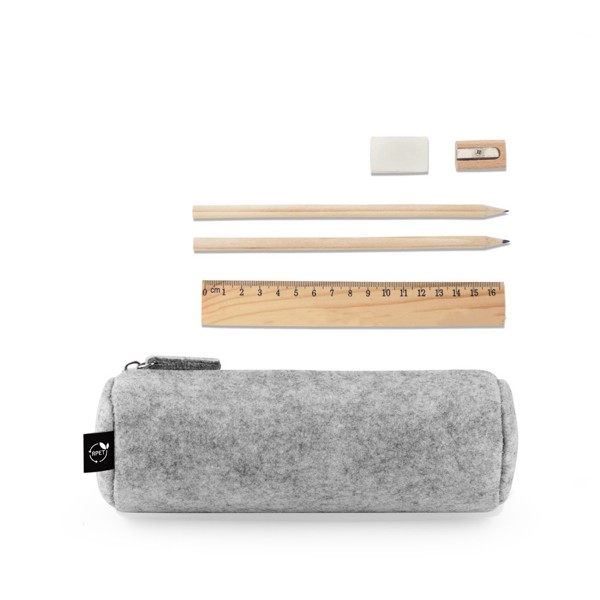 NOMAD. Multi-purpose case in recycled felt (100% rPET) with ruler, pencils, rubber and sharpener - Light Grey