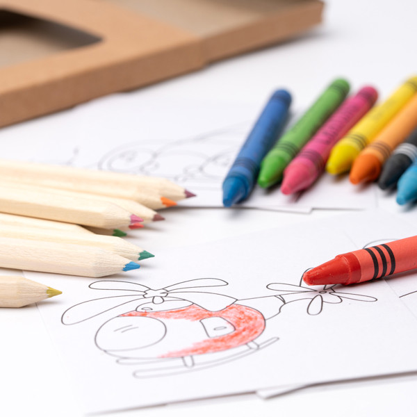 Personalised children's colouring set with notepad, crayons and wooden pencils