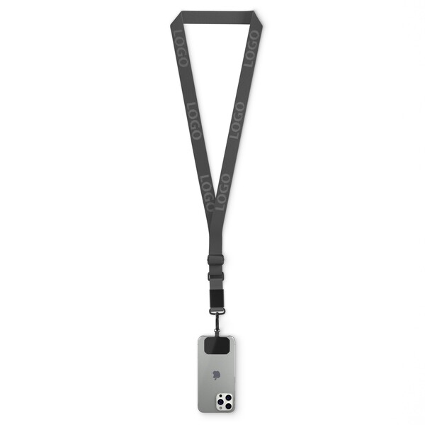 Suporte para telemóvel em forma de cruz feito de fita tecida com placa de metal gravada com o seu logótipo. Disponível em quantidades de 100 ou mais - Preto / Branco