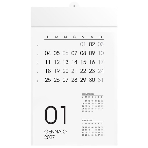 Calendario 2027 Da Parete Mensile, 12 Mesi, Su Cartoncino Bianco, Termosaldato
