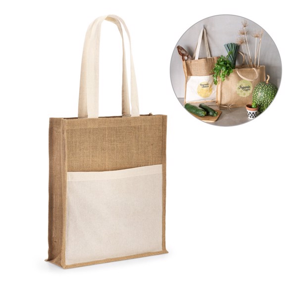 PS - BRAGA. Jute bag (240 g/m²) with pocket in 100% cotton (140 gm²)