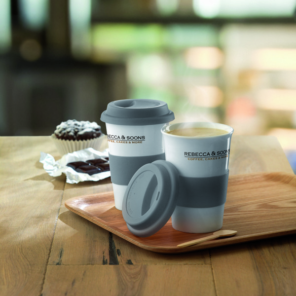 Keramična skodelica Tribeca, 400 ml, silikonski pokrov, tulec - Siva
