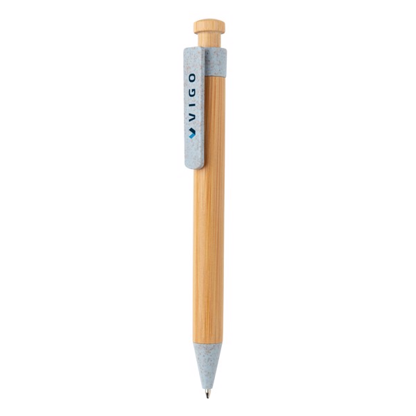 Stylo en bambou avec clip en fibre de paille - Bleu