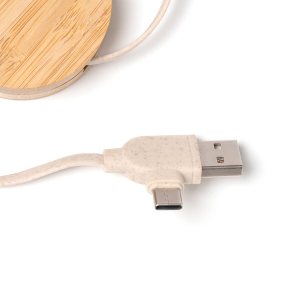 Personalised bamboo and wheat fibre charging cable with USB and type C input
