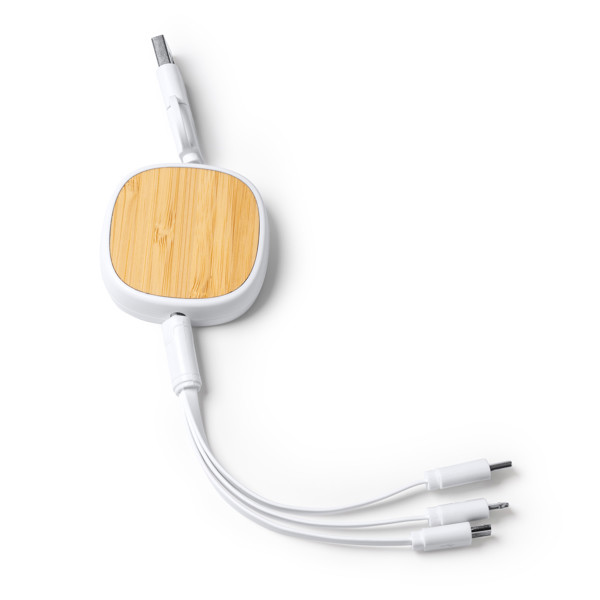 Personalised 5-in-1 extendable charging cable in recycled ABS and bamboo 96 cm