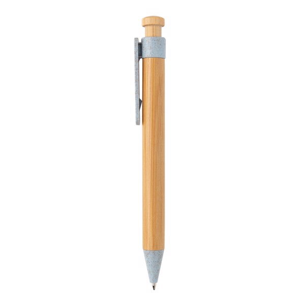 Stylo en bambou avec clip en fibre de paille - Bleu