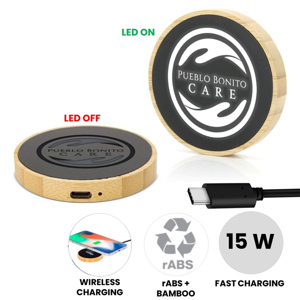 15 W WIRELESS FAST CHARGER WITH LED LOGO, BAMBOO + RABS