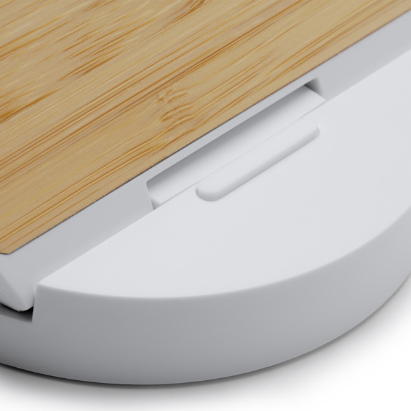 Soporte cargador inalámbrico personalizado de bambú y ABS 10W plegable con indicador luminoso