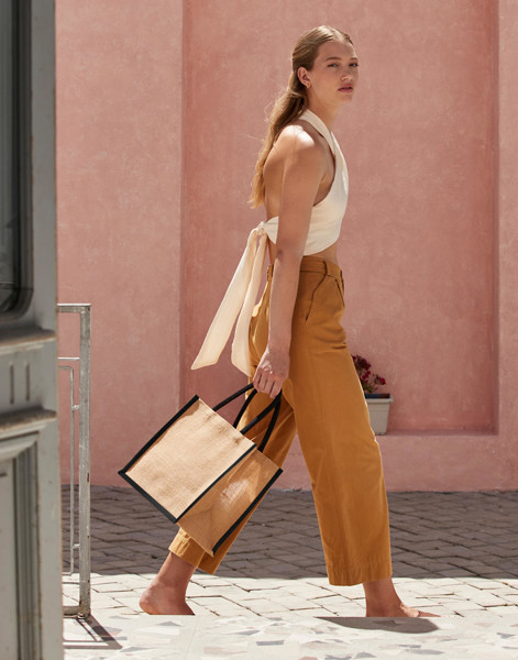 Natural Starched Jute Midi Tote - Natural / Olive Green / ONE SIZE