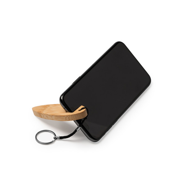 Personalised bamboo keyring with mobile phone stand