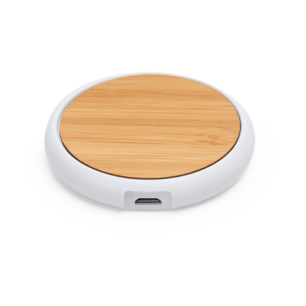 Cargador inalámbrico personalizado de bambú y ABS 5W con puerto USB-C