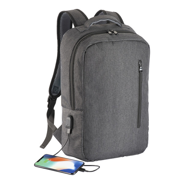 Zweifarbiger Computerrucksack Aus Polyester Mit Drei Taschen Und Externem Usb-Anschluss - Grau