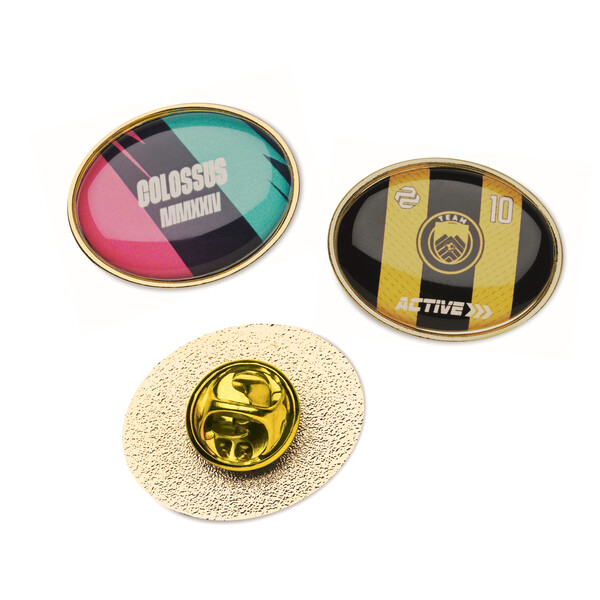 Pin oval din metal cu doming - Imitație aur / Polybag individual